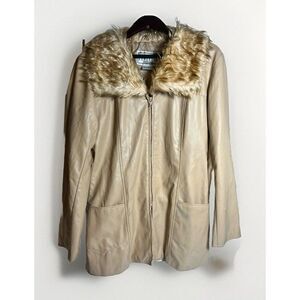 BB Dakota Vintage Penny Lane Coat PLeather Faux Fur Trim Size Large Y2K Read